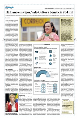 <BR>Data: 23/12/2014<BR>Fonte: Jornal do Senado, v.12, n. 499, 23 dez. 2014. Especial Cidadania<BR>Conteúdo: O vale-cultura<BR>Responsabilidade: Ricardo Westin<BR>Endereço para citar este documento: -www2.senado.gov.br/bdsf/item/id/504750->http