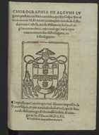 BARREIROS, Gaspar, O.F.M. ?-1574,<br/>Chorographia de alguns lugares que stam em hum caminho que fez Gaspar Barreiros ó anno de MDXXXXVJ começa[n]do na cidade de Badajoz em Castella te á de Milam em Italia ; co[m] algu[m]as outras obras cujo catalogo vai scripto com os nomes dos dictos lugares na folha seguinte. - Em Coimbra : por Ioã Aluarez, & por mandado do doctor Lopo de Barros do Desembargo del rei nosso senhor & conego da Se d Euora, 1561. - [1 br., 12], 247, [1] f. ; 4º (22 cm)