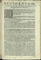 PORTUGAL.. Leis, decretos, etc., (D. Pedro II)<br/>Regimento de como se ha de tomar Residencia aos Juizes dos Orfãos, & a seus officiaes. - [Lisboa : s.n., ca 1691]. - [6] p. ; 2º (29 cm)