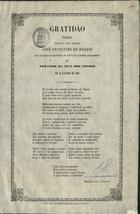 LEAL, António Mendes, 1831-1871<br/>Gratidão : poesia recitada pelo Sr. José Cupertino de Moraes por occasião do beneficio da viuva de Candido José Mendes no T. da Rua dos Condes em 10 dªAgosto de 1861 / Antonio Joaquim Theodorico da Silva Mendes Leal. - Lisboa : Typ. F. J. Gonçalves, 1861. - 1 p. ; fol.