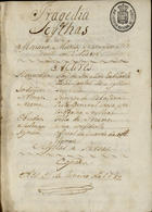 VOLTAIRE, pseud.<br/>Tragedia Os seythas / de Monsi[e]ur Maria Francisco Arovet de Voltaire ; [trad. Albino de Sousa Coelho e Almeida] 1790 Jan. 5. - [1], 42 f., enc. ; 21 cm