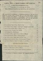 Lista dos 10 deputados em cortes e dos tres substitutos, nomeados á pluralidade de votos para representantes da provincia do Alem-Tejo. - [Lisboa] : Typ. Rollandiana, [18--]. - [1] f. desdobr. ; 24 cm