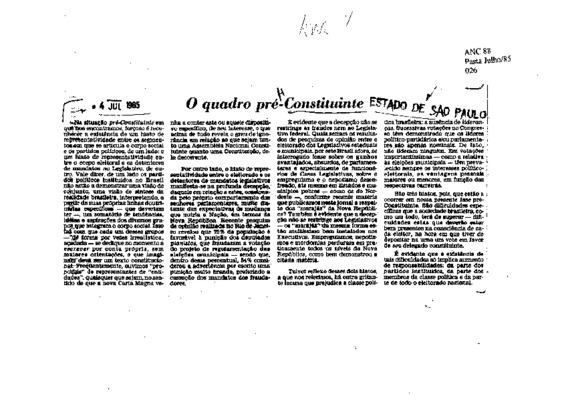 <BR>Data: 04/07/1985<BR>Fonte: O Estado de São Paulo, São Paulo, p. 3, 04/07/ de 1985<BR>Endereço para citar este documento: -www2.senado.leg.br/bdsf/item/id/109773->www2.senado.leg.br/bdsf/item/id/109773