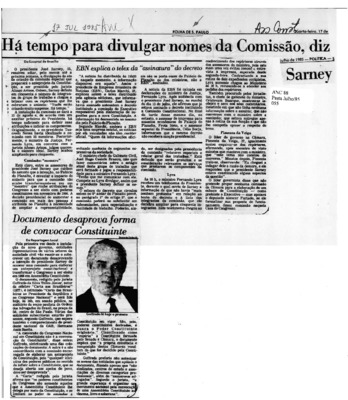 <BR>Data: 17/07/1985<BR>Fonte: Folha de São Paulo, São Paulo, p. 5, 17/07/ de 1985<BR>Endereço para citar este documento: ->www2.senado.leg.br/bdsf/item/id/109976