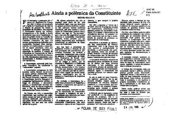 <BR>Data: 26/07/1985<BR>Fonte: Folha de São Paulo, São Paulo, p. 3, 26/07/ de 1985<BR>Endereço para citar este documento: -www2.senado.leg.br/bdsf/item/id/109916->www2.senado.leg.br/bdsf/item/id/109916