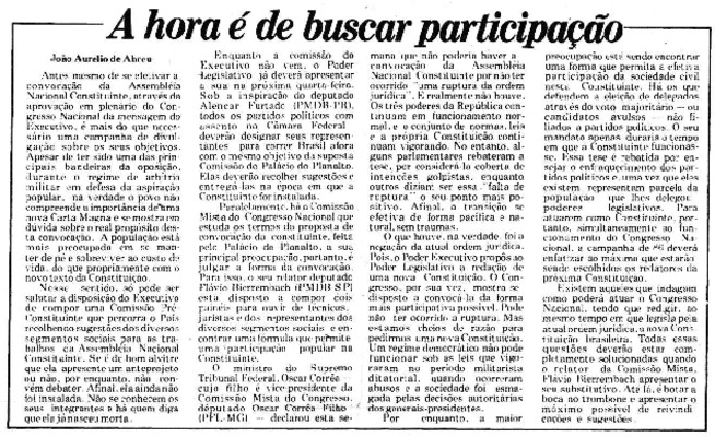 <BR>Data: 17/08/1985<BR>Fonte: Jornal de Brasília, Brasília, nº 3874, p. 2, 17/08/ de 1985<BR>Endereço para citar este documento: -www2.senado.leg.br/bdsf/item/id/109527->www2.senado.leg.br/bdsf/item/id/109527