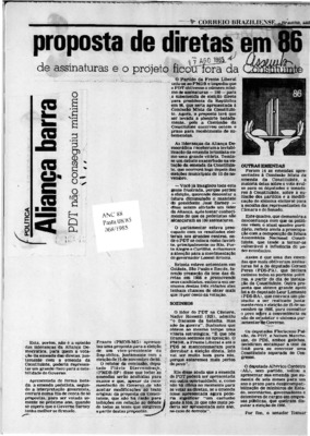 <BR>Data: 17/08/1985<BR>Fonte: Correio Braziliense, Brasília, nº 8173, 17/08/ de 1985<BR>Endereço para citar este documento: -www2.senado.leg.br/bdsf/item/id/109502->www2.senado.leg.br/bdsf/item/id/109502