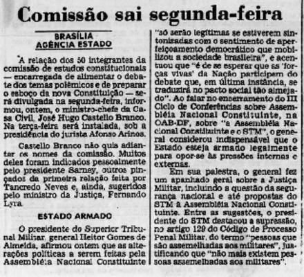 <BR>Data: 17/08/1985<BR>Fonte: O Estado de São Paulo, São Paulo, p. 4, 17/08/ de 1985<BR>Endereço para citar este documento: -www2.senado.leg.br/bdsf/item/id/109525->www2.senado.leg.br/bdsf/item/id/109525