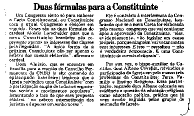 <BR>Data: 28/08/1985<BR>Fonte: Jornal de Brasília, Brasília, nº 3883, p. 2, 28/08/ de 1985<BR>Endereço para citar este documento: -www2.senado.leg.br/bdsf/item/id/109402->www2.senado.leg.br/bdsf/item/id/109402