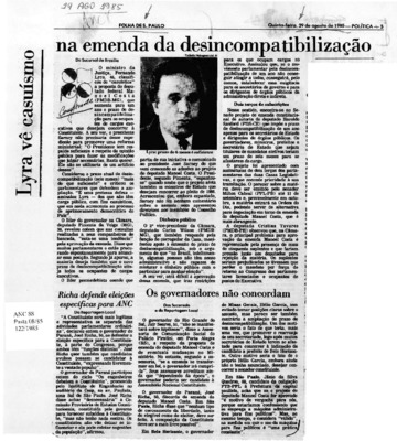 <BR>Data: 29/08/1985<BR>Fonte: Folha de São Paulo, São Paulo, p. 5, 29/08/ de 1985<BR>Endereço para citar este documento: ->www2.senado.leg.br/bdsf/item/id/109386