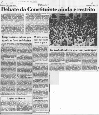 <BR>Data: 01/09/1985<BR>Fonte: O Estado de São Paulo, São Paulo, p. 5, 01/09/ de 1985<BR>Endereço para citar este documento: ->www2.senado.leg.br/bdsf/item/id/110349