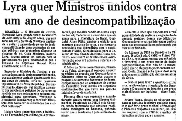 <BR>Data: 04/09/1985<BR>Fonte: O Globo, Rio de Janeiro, p. 3, 04/09/ de 1985<BR>Endereço para citar este documento: ->www2.senado.leg.br/bdsf/item/id/110067