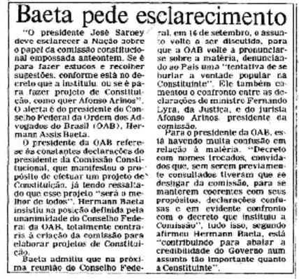 <BR>Data: 05/09/1985<BR>Fonte: Correio Braziliense, Brasília, nº 8192, p. 3, 05/09/ de 1985<BR>Endereço para citar este documento: -www2.senado.leg.br/bdsf/item/id/109040->www2.senado.leg.br/bdsf/item/id/109040