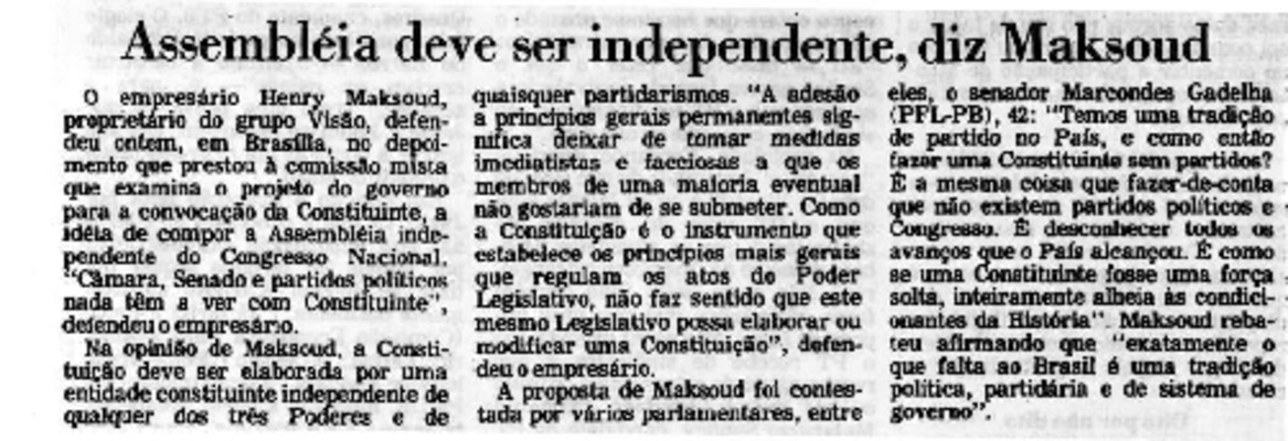 <BR>Data: 20/09/1985<BR>Fonte: Folha de São Paulo, São Paulo, 20/09/ de 1985<BR>Endereço para citar este documento: -www2.senado.leg.br/bdsf/item/id/110135->www2.senado.leg.br/bdsf/item/id/110135