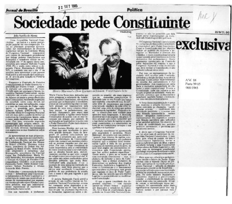 <BR>Data: 22/09/1985<BR>Fonte: Jornal de Brasília, Brasília, nº 3905, 22/09/ de 1985<BR>Endereço para citar este documento: -www2.senado.leg.br/bdsf/item/id/109126->www2.senado.leg.br/bdsf/item/id/109126