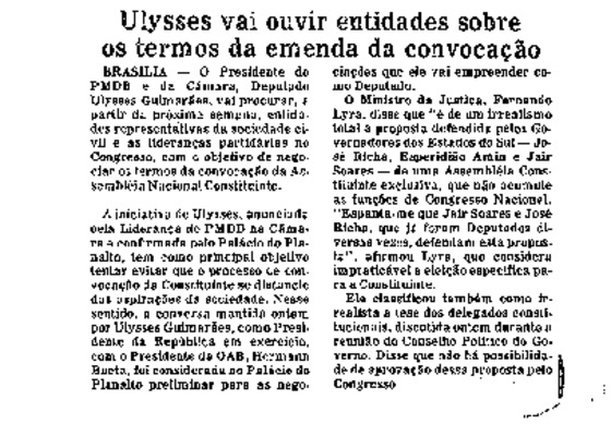 <BR>Data: 25/09/1985<BR>Fonte: O Globo, Rio de Janeiro, p. 3, 25/09/ de 1985<BR>Endereço para citar este documento: -www2.senado.leg.br/bdsf/item/id/110726->www2.senado.leg.br/bdsf/item/id/110726