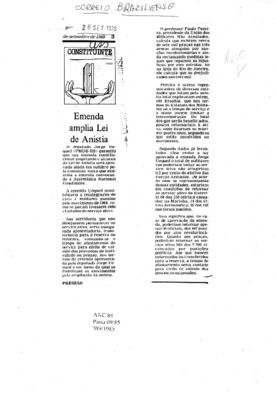 <BR>Data: 26/09/1985<BR>Fonte: Correio Braziliense, Brasília, nº 8213, p. 3, 26/09/ de 1985<BR>Endereço para citar este documento: -www2.senado.leg.br/bdsf/item/id/110177->www2.senado.leg.br/bdsf/item/id/110177