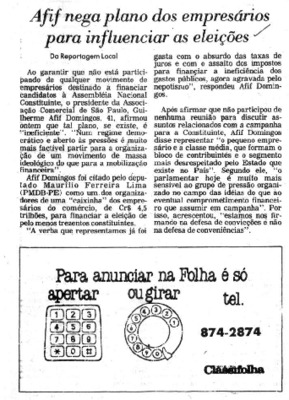 <BR>Data: 26/06/1985<BR>Fonte: Folha de São Paulo, São Paulo, p. 5, 26/06/ de 1985<BR>Endereço para citar este documento: -www2.senado.leg.br/bdsf/item/id/110541->www2.senado.leg.br/bdsf/item/id/110541