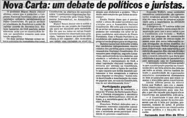 <BR>Data: 26/06/1985<BR>Fonte: Jornal da tarde, São Paulo, nº 6003, p. 6, 26/06 de 1985<BR>Endereço para citar este documento: ->www2.senado.leg.br/bdsf/item/id/110546