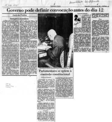 <BR>Data: 21/05/1985<BR>Fonte: Folha de São Paulo, São Paulo, p. 5, 21/05/ de 1985<BR>Endereço para citar este documento: ->www2.senado.leg.br/bdsf/item/id/110382