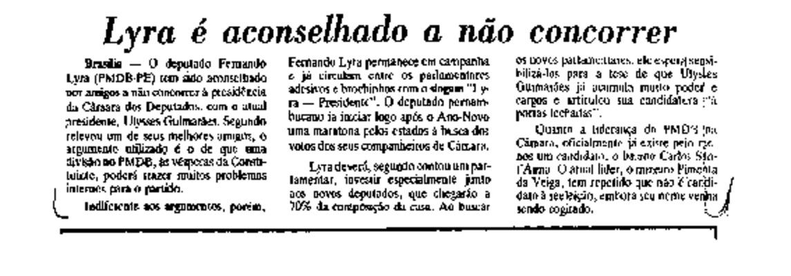 <BR>Data: 26/12/1986<BR>Fonte: Jornal do Brasil, Rio de Janeiro, p. 3, 26/12/ de 1986<BR>Endereço para citar este documento: -www2.senado.leg.br/bdsf/item/id/115777->www2.senado.leg.br/bdsf/item/id/115777