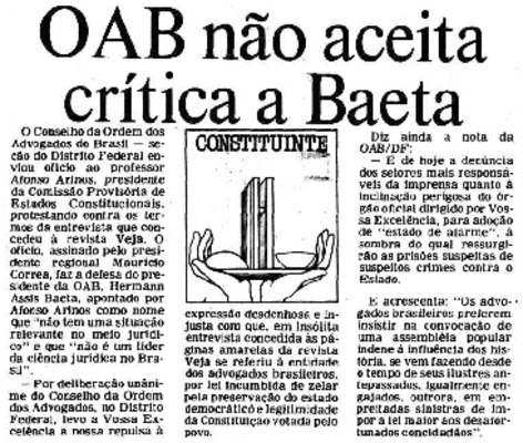 <BR>Data: 14/06/1986<BR>Fonte: Correio Braziliense, Brasília, nº 8469, 14/06/ de 1986<BR>Endereço para citar este documento: -www2.senado.leg.br/bdsf/item/id/117214->www2.senado.leg.br/bdsf/item/id/117214