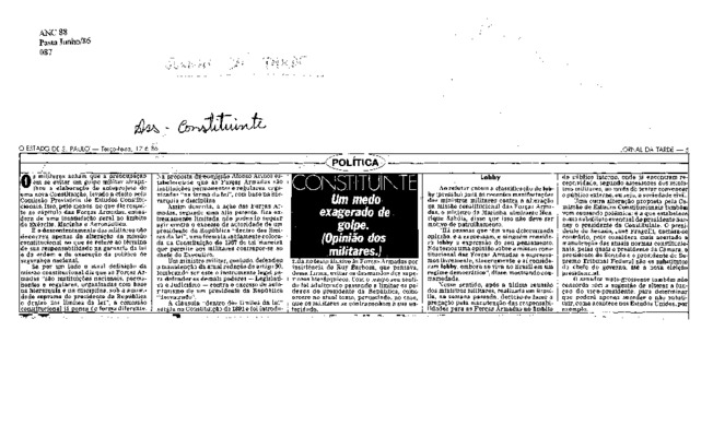 <BR>Data: 17/06/1986<BR>Fonte: Jornal da Tarde, São Paulo, nº 6303, p. 5, 17/06 de 1986<BR>Endereço para citar este documento: -www2.senado.leg.br/bdsf/item/id/114881->www2.senado.leg.br/bdsf/item/id/114881