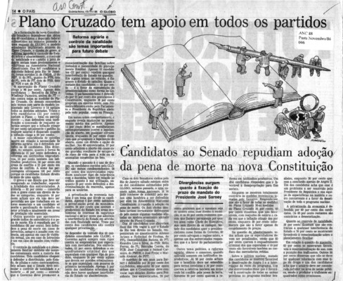 <BR>Data: 13/11/1986<BR>Fonte: O Globo, Rio de Janeiro, p. 14, 13/11/ de 1986<BR>Endereço para citar este documento: -www2.senado.leg.br/bdsf/item/id/117825->www2.senado.leg.br/bdsf/item/id/117825