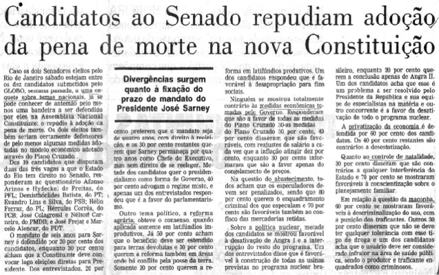 <BR>Data: 13/11/1986<BR>Fonte: O Globo, Rio de Janeiro, p. 14, 13/11/ de 1986<BR>Endereço para citar este documento: -www2.senado.leg.br/bdsf/item/id/117824->www2.senado.leg.br/bdsf/item/id/117824