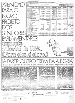 <BR>Data: 27/11/1986<BR>Fonte: Jornal da Tarde, São Paulo, nº 6443, p. 9, 27/11 de 1986<BR>Endereço para citar este documento: -www2.senado.leg.br/bdsf/item/id/114902->www2.senado.leg.br/bdsf/item/id/114902