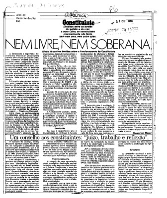 <BR>Data: 31/10/1986<BR>Fonte: Jornal da Tarde, São Paulo, nº 6420, p. 6, 31/10 de 1986<BR>Endereço para citar este documento: -www2.senado.leg.br/bdsf/item/id/117722->www2.senado.leg.br/bdsf/item/id/117722