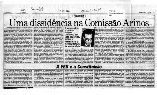 <BR>Data: 18/09/1986<BR>Fonte: Jornal da Tarde, São Paulo, nº 6383, p. 3, 18/09 de 1986<BR>Endereço para citar este documento: -www2.senado.leg.br/bdsf/item/id/117242->www2.senado.leg.br/bdsf/item/id/117242