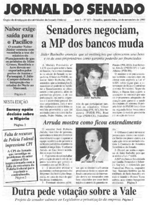 <BR>Data: 16/11/1995<BR>Responsabilidade: Senado Federal, Secretaria de Comunicação Social<BR>Endereço para citar este documento: -www2.senado.leg.br/bdsf/item/id/497104->www2.senado.leg.br/bdsf/item/id/497104