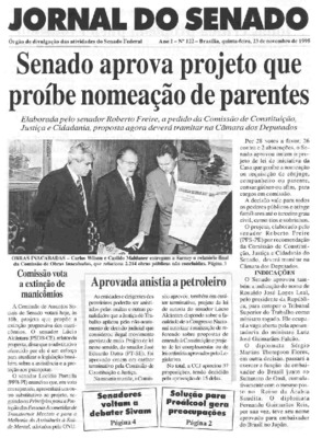 <BR>Data: 23/11/1995<BR>Responsabilidade: Senado Federal, Secretaria de Comunicação Social<BR>Endereço para citar este documento: -www2.senado.leg.br/bdsf/item/id/497109->www2.senado.leg.br/bdsf/item/id/497109