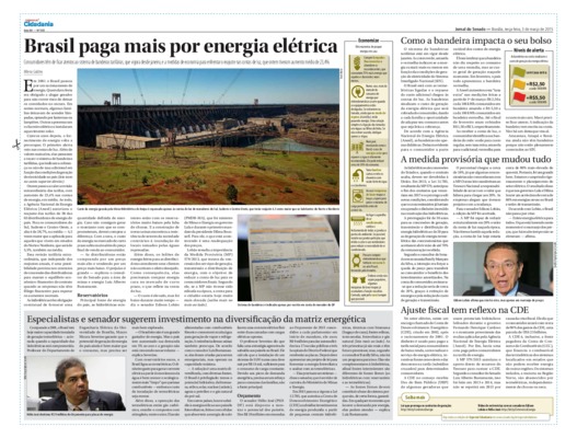 <BR>Data: 03/03/2015<BR>Fonte: Jornal do Senado, v. 12, n. 503, 03 mar. 2015. Especial Cidadania<BR>Conteúdo: Especialistas e senador sugerem investimento na diversificação da matriz energética –- Economize: oito maneiras de poupar energia em casa –- Como