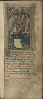 IGREJA CATOLICA.. Liturgia e Ritual. Livro de Horas<br/>Hore intemerate dei genitricis Virginis Marie secu[n]dum vsum ecclesie Romane totaliter ad longum sine require una cum pluribus aliis suffragiis & orationibus. - Nouiter impressis. - Parisius : per Egidium Hardouyn in confinio pontis nostre Domine ante ecclesiam s[an]cti Dyonisii de carcere, ad intersignium Rose, [1512]. - [4 br., 95, 3 br.] f. : muito il. ; 12º (16 cm)