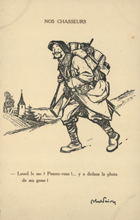 FAIVRE, Abel, 1867-1945<br/>Nos chasseurs / Abel Faivre. - Paris : P. J. Gallais et Cie, [1914-18]. - 1 postal : p&b ; 14x9 cm