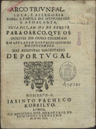 COUTINHO, Pascoal Ribeiro, 16---1729<br/>Arco Triunfal : Idea, e allegoria sobre a fabula de Hyppomenes e Athalanta, cuia ficçam ha de seruir para o Arco, que os Ourives do Ouro celebram em applauso dos felicissimos desposorios das Augustas Magestades de Portugal / descreve-o, Iasinto Pacheco Robrilvo. - Lisboa : na Officina dos Herdeyros de Domingos Carneyro, 1708. - [2], 16, [2] p. ; 4º (20 cm)