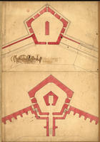 [Estudo de planta de baluarte pentagonal] : [estudo de aula de fortificação] [17--]. - 1 desenho : tinta da china e aguadas a cores ; 33,5x49 cm