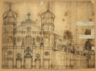 [Alçado do frontispício de igreja e perspectiva de parte lateral] : [estudo] [entre 1750 e 1800]. - 1 desenho : tinta da china ; 38,3x51,7 cm