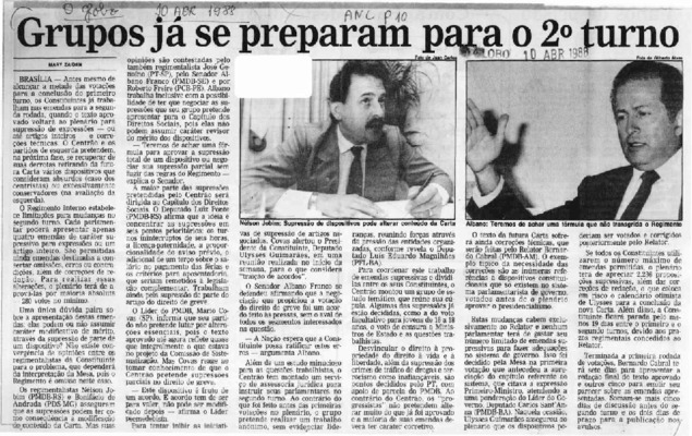 <BR>Data: 10/04/1988<BR>Fonte: O Globo, Rio de Janeiro, p. 10, 10/04/ de 1988<BR>Endereço para citar este documento: ->www2.senado.leg.br/bdsf/item/id/187005