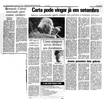 <BR>Data: 13/08/1988<BR>Fonte: Correio Braziliense, Brasília, nº 9249, p. 4, 13/08/ de 1988<BR>Endereço para citar este documento: -www2.senado.leg.br/bdsf/item/id/187080->www2.senado.leg.br/bdsf/item/id/187080