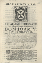 RELACAO DO RESGATE QUE POR ORDEM DEL REI NOSSO SENHOR DOM JOAO V REI DE PORTUGAL SE FEZ NA CIDADE DE ARGEL PELOS PADRES REDENTORES<br/>Relaçam do resgate que por ordem Del-Rey nosso senhor Dom Joam V. Rey de Portugal, se fez na cidade de Argel pelos Padres Redemptores.... - Lisboa Occidental : na Officina de Miguel Manescal..., 1720. - 15, [1 br.] p. ; 2º (30 cm)