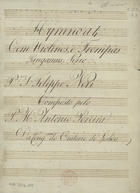 FIGUEIREDO, António Pereira de, 1725-1797<br/>Pangamus Nerio : Hymno a 4 com violinos e trompas : Pª S. Felippe Neri / composto pelo P.e M.e Antonio Pereira Da Cong.am do oratorio de Lisboa [entre 1744 e 1797]. - 8 partes ; 298 x228 mm