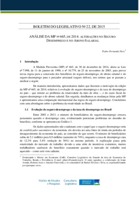 <BR>Data: 2015<BR>Conteúdo: Evolução do seguro-desemprego e da taxa de desemprego no Brasil -- Custo fiscal do seguro-desemprego e do abono salarial -- A MP nº 665, de 2014 -- Seguro-desemprego -- Abono salarial -- Comparação internacional de regras de se