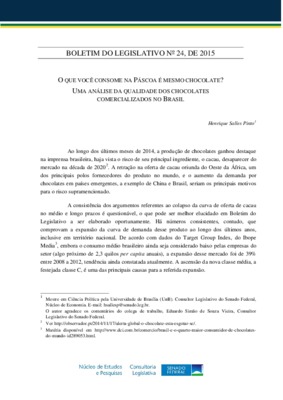 <BR>Data: 03/2015<BR>Conteúdo: Definição dos conceitos de chocolate e de achocolatado -- Comparação do percentual mínimo de cacau entre o chocolate produzido no Brasil, nos Estados Unidos e em países europeus -- Outros desafios constatados no mercado bras