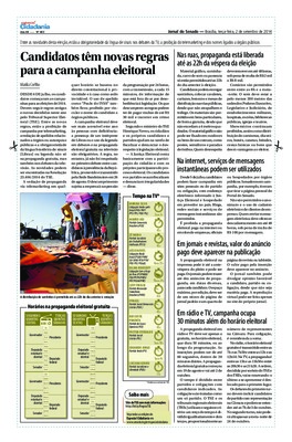 <BR>Data: 02/09/2014<BR>Fonte: Jornal do Senado, v. 12, n. 483, 02 set. 2014. Especial Cidadania.<BR>Conteúdo: Nas ruas, propaganda está liberada até as 22h da véspera da eleição -- Na internet, serviços de mensagens instantâneas podem ser utilizados -- E