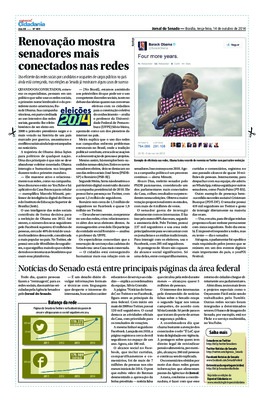 <BR>Data: 14/10/2014<BR>Fonte: Jornal do Senado, v. 12, n. 489, 14 out. 2014. Especial Cidadania.<BR>Conteúdo: Notícias do Senado está entre principais páginas da área federal -- Balanço da rede<BR>Endereço para citar este documento: -www2.sena