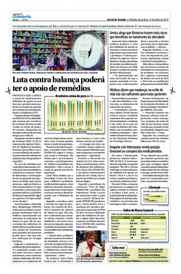 <BR>Data: 15/07/2014<BR>Fonte: Jornal do Senado, v. 12, n. 478, 15 jul. 2014. Especial Cidadania.<BR>Conteúdo: Anvisa alega que fármacos trazem mais riscos que benefícios no tratamento da obesidade -- Médicos dizem que mudanças no estilo de vida não são s