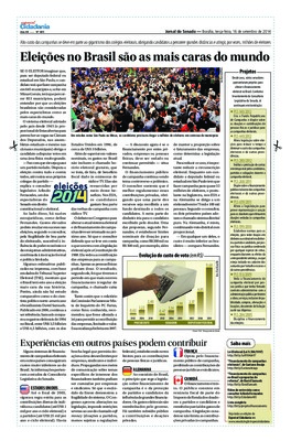 <BR>Data: 16/09/2014<BR>Fonte: Jornal do Senado, v. 12, n. 485, 16 set. 2014. Especial Cidadania.<BR>Conteúdo: Projetos -- Evolução do custo de voto (em R$) -- Experiências em outros países podem contribuir<BR>Endereço para citar este documento: -http